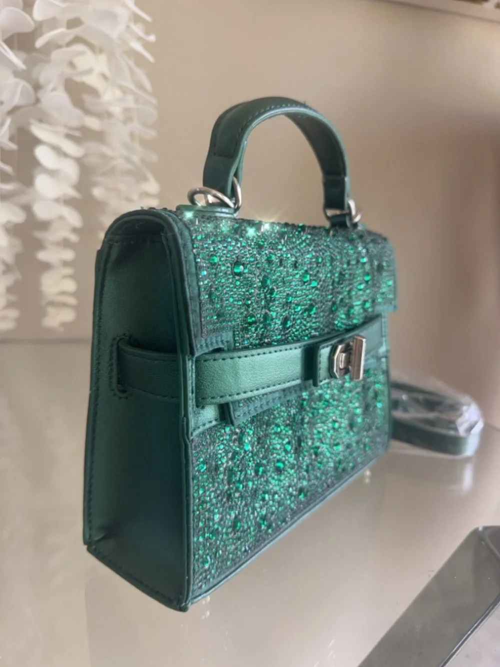 Green Crystal-Embellished Top Handle Bag